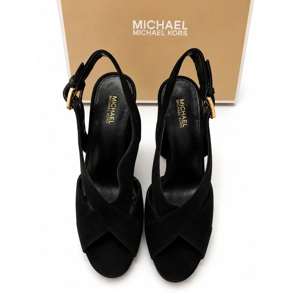 Michael Kors Becky Black Suede Platform Heel Slingback Sandals 8M NIB